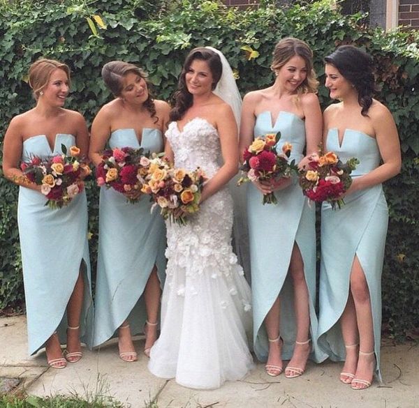 light blue bridesmaid dresses 2018 strapless long satin side split maid of honor gown, Red;white
light blue bridesmaid dresses 2018 strapless long satin side split maid of honor gown, Red;white