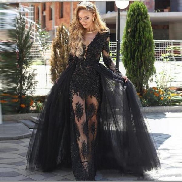 black sheath prom dresses with train sheer neckline long sleeves evening dress see through lace appliques celebrity party gowns
black sheath prom dresses with train sheer neckline long sleeves evening dress see through lace appliques celebrity party gowns