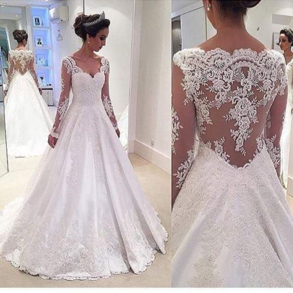 long sleeves wedding dresses with lace appliques 2019 bateau neck bridal gowns floor length vestidos de novia, White
long sleeves wedding dresses with lace appliques 2019 bateau neck bridal gowns floor length vestidos de novia, White