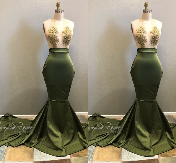 olive green mermaid prom dresses v neck illusion bodice appliques beading satin evening dresses party gowns sweep train, Black
olive green mermaid prom dresses v neck illusion bodice appliques beading satin evening dresses party gowns sweep train, Black