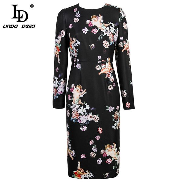 ld linda della 2018 new fashion runway autumn dress women's long sleeve elegant angel floral print black midi dress, White;black
ld linda della 2018 new fashion runway autumn dress women's long sleeve elegant angel floral print black midi dress, White;black