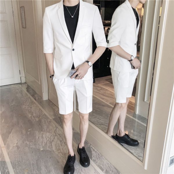 

2018 Summer White Middle length Sleeve Short Pants Men Suits Custom Slim Fit Casual 2Piece Beach Wedding Suits Party Prom Blazer Tuxedos