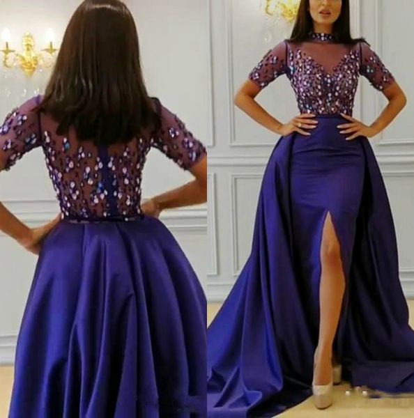 2020 short sleeves prom dresses long sheer beads high neck front split mermaid dress evening wear sweep train special occasion dress, Black
2020 short sleeves prom dresses long sheer beads high neck front split mermaid dress evening wear sweep train special occasion dress, Black
