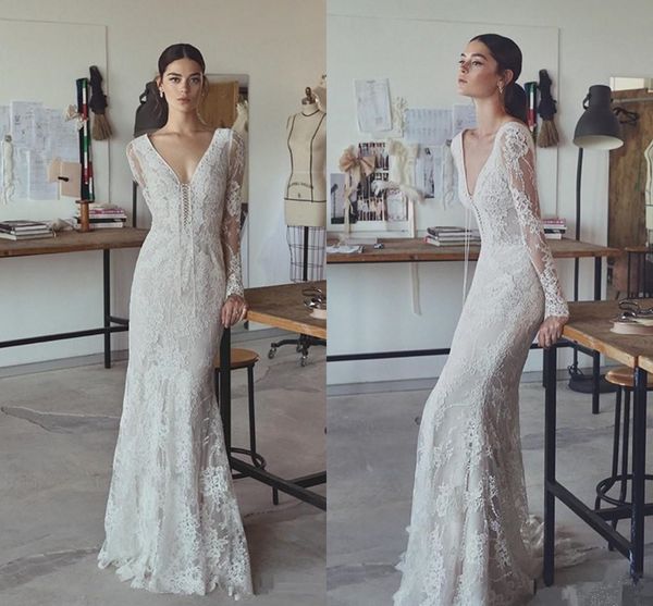elegant style long sleeve full lace mermaid wedding dress deep v neck floor length new bridal gowns custom size, White 
elegant style long sleeve full lace mermaid wedding dress deep v neck floor length new bridal gowns custom size, White