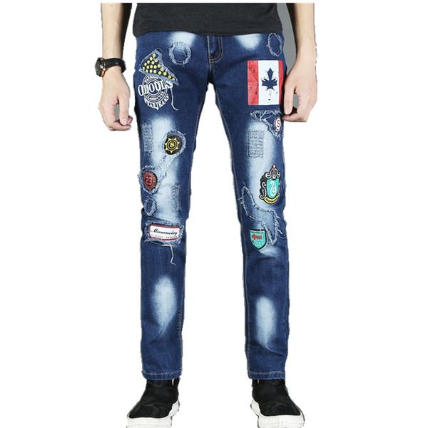 2018 new fasgion men's jeans patchwork spliced ripped denim jeans male straight slim patch beggar hole silm pants print, Blue
2018 new fasgion men's jeans patchwork spliced ripped denim jeans male straight slim patch beggar hole silm pants print, Blue