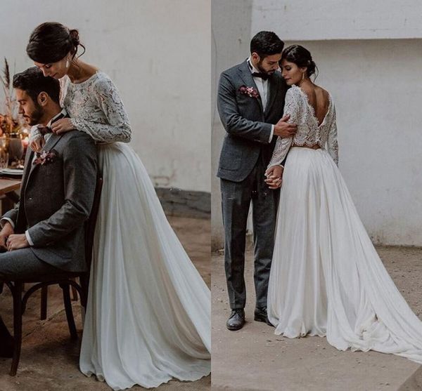 Long Sleeves Lace Chiffon Wedding Dresses Two Piece Backless Beach Boho Bridal Dresses Summer Autumn Wedding Gowns Sweep Train
Long Sleeves Lace Chiffon Wedding Dresses Two Piece Backless Beach Boho Bridal Dresses Summer Autumn Wedding Gowns Sweep Train