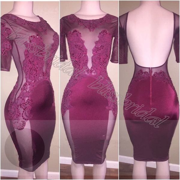 2019 new arrival applique lace short cocktail dresses sheer neck burgundy beaded knee length prom gown backless formal party dress, Black
2019 new arrival applique lace short cocktail dresses sheer neck burgundy beaded knee length prom gown backless formal party dress, Black
