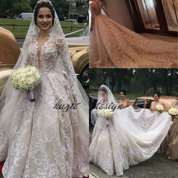 luxury lace ball gown wedding dresses with long sleeves sheer plunging neck backless bridal dress beaded appliqued chapel wedding gowns, White
luxury lace ball gown wedding dresses with long sleeves sheer plunging neck backless bridal dress beaded appliqued chapel wedding gowns, White