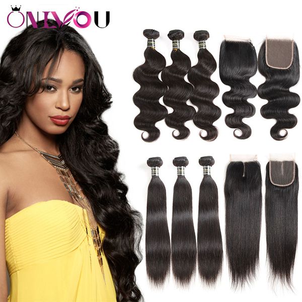 

brazilian virgin hair extensions straight body wave human hair wefts 3 weave bundles with 4*4 closure raw indian peruvian remy hair products, Black;brown