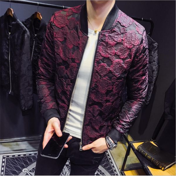 

2018 autumn new jacquard bomber jackets men luxury wine red black grey party jacket outfit club bar coat men casaca hombre 4xl, Black;brown