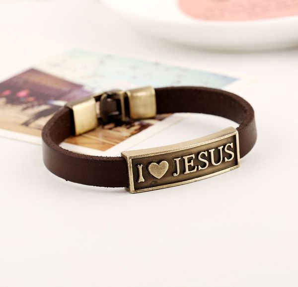 i love jesus brown leather punk charm bracelets retro wide bangle for men jewelry party club decor, Golden;silver
i love jesus brown leather punk charm bracelets retro wide bangle for men jewelry party club decor, Golden;silver