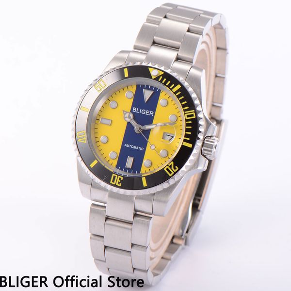 

sapphire glass 40mm bliger blue yellow dial black ceramic bezel luminous marks date magnifier automatic movement men's watch b17, Slivery;brown