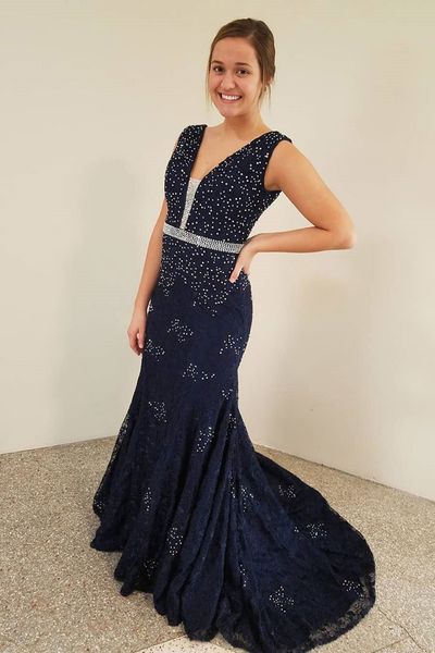 new navy blue gorgeous sheath lace prom gowns v neck long evening dress beads custom made crystal sweep train luxury special occasion party, Black;red
new navy blue gorgeous sheath lace prom gowns v neck long evening dress beads custom made crystal sweep train luxury special occasion party, Black;red