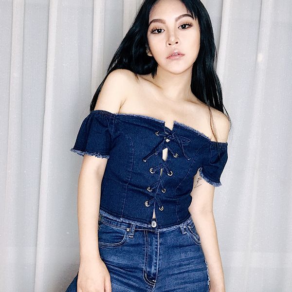 women's denim t shirt slash neck bandage jeans tee with drawstring hollow out boat neck short sleeve, White
women's denim t shirt slash neck bandage jeans tee with drawstring hollow out boat neck short sleeve, White