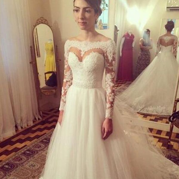 princess a-line wedding dress bateau neck illusion long sleeves lace appliques beaded belt modest bridal gowns sweep train, White
princess a-line wedding dress bateau neck illusion long sleeves lace appliques beaded belt modest bridal gowns sweep train, White