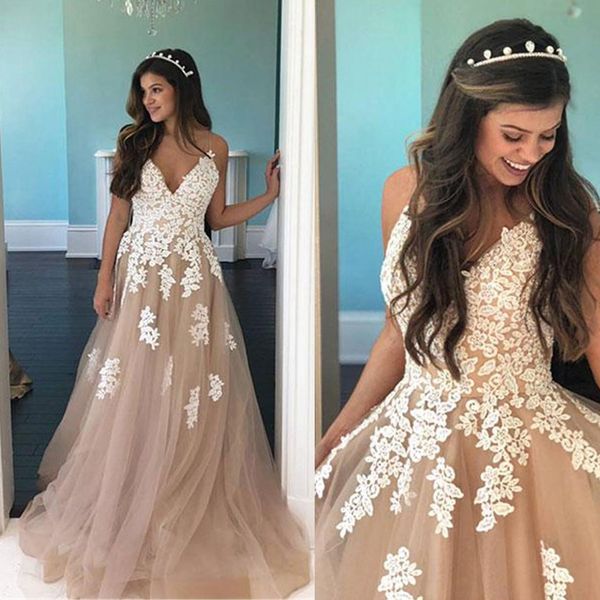 white lace applique backless spaghetti strap a-line long prom gowns champagne tulle evening dress robe de soiree cheap, Black
white lace applique backless spaghetti strap a-line long prom gowns champagne tulle evening dress robe de soiree cheap, Black