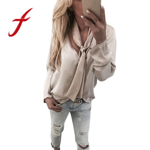 

feitong design women long sleeve blouses solid v neck bow casual loose blouse shirts blusas feminina 2018 new arrival, White