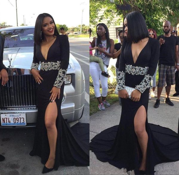 2018 deep v neck mermaid prom dresses black girls african long sleeves side split silver crystal beaded plus size evening party gowns, Black;red
2018 deep v neck mermaid prom dresses black girls african long sleeves side split silver crystal beaded plus size evening party gowns, Black;red