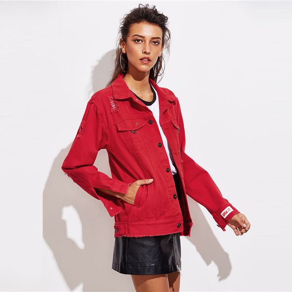 Solid O-Ring Detail Destructed Denim Jacket Spring Single Breasted Plain Women Vintage Coat Red Collar Casual Jacket Outerwear
Solid O-Ring Detail Destructed Denim Jacket Spring Single Breasted Plain Women Vintage Coat Red Collar Casual Jacket Outerwear