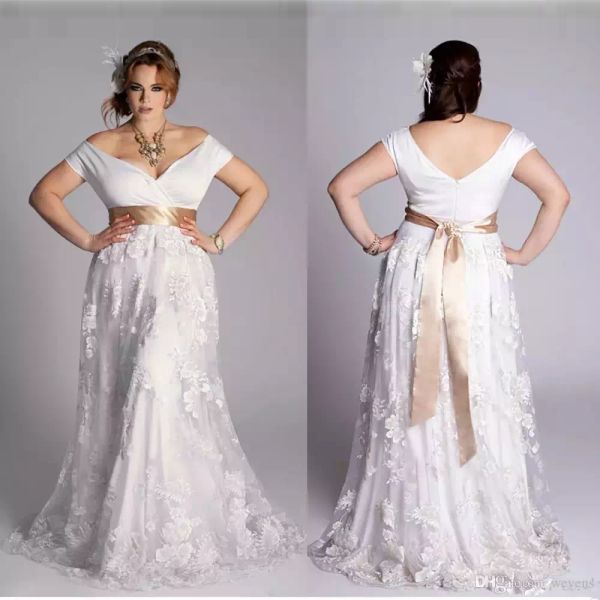 plus size a line beach wedding dresses v neck short sleeve lace embroidery champagne ribbon bridal gown sweep train robe de mariée, White
plus size a line beach wedding dresses v neck short sleeve lace embroidery champagne ribbon bridal gown sweep train robe de mariée, White