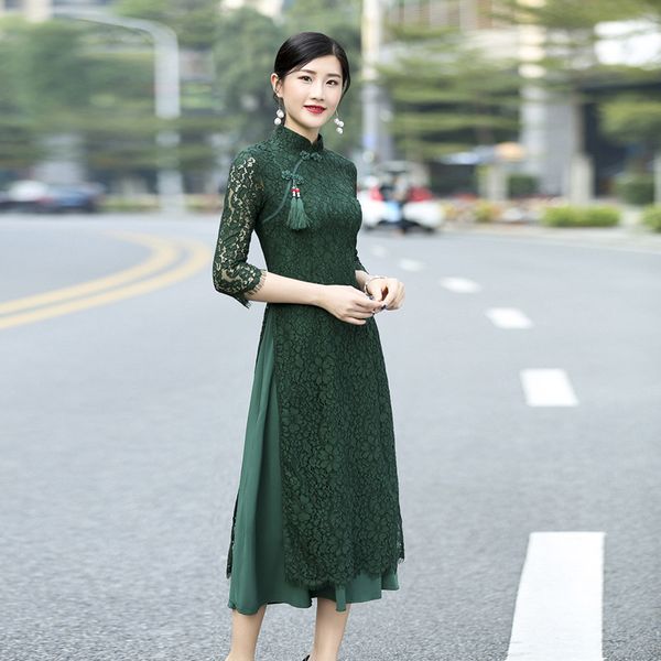 2018 new winter vintage lace long vietnam aodai cheongsam, Red
2018 new winter vintage lace long vietnam aodai cheongsam, Red