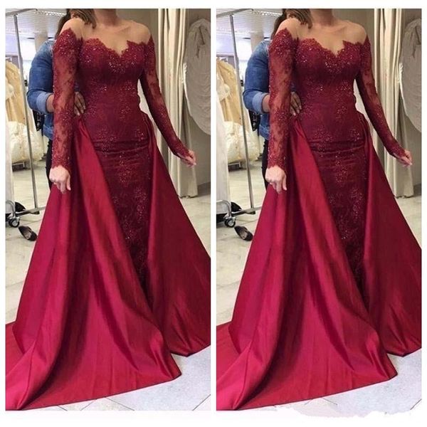 burgundy long sleeves mermaid evening dresses lace appliques prom dress simple satin detachable train special occasion gowns, Black;red
burgundy long sleeves mermaid evening dresses lace appliques prom dress simple satin detachable train special occasion gowns, Black;red