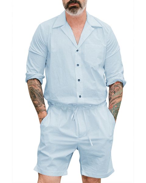 2018 new men's summer jumpsuit cargo short pants set male short sleeve overalls mens rompers single breasted jumpsuits, Gray
2018 new men's summer jumpsuit cargo short pants set male short sleeve overalls mens rompers single breasted jumpsuits, Gray