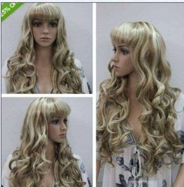 cos light blonde & brown mixed long curly cosplay wig, Black