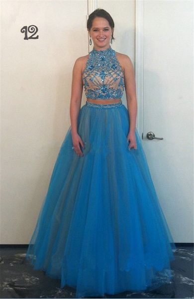 charming sleeveless two piece prom dress blue tulle evening dress long hand beading two pieces evening gowns, Black
charming sleeveless two piece prom dress blue tulle evening dress long hand beading two pieces evening gowns, Black