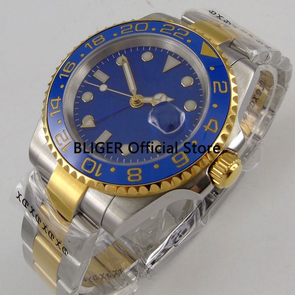 bliger 40mm blue sterile dial ceramic bezel gmt function gold plated stainless steel band luxury automatic movement men's watch, Slivery;brown
bliger 40mm blue sterile dial ceramic bezel gmt function gold plated stainless steel band luxury automatic movement men's watch, Slivery;brown