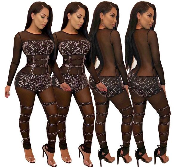 close-fitting women's bodysuits women's fashion mesh see through bodycon pants drilling jumpsuit clubwear, Black;white 
close-fitting women's bodysuits women's fashion mesh see through bodycon pants drilling jumpsuit clubwear, Black;white