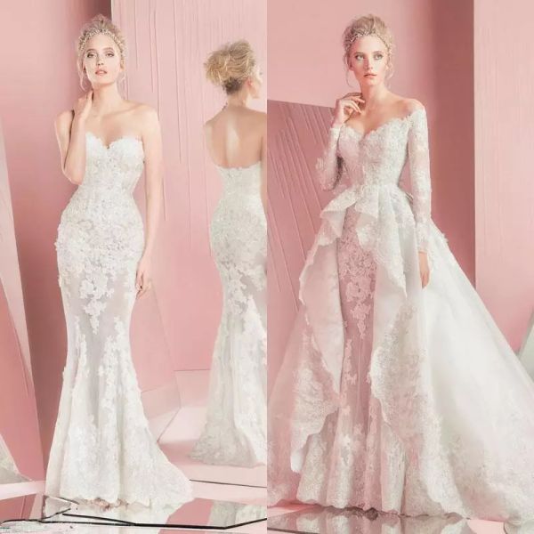 2020 gorgeous zuhair murad full lace overskirts wedding dresses long sleeves sweetheart neckline applique bridal gowns with detachable train, White
2020 gorgeous zuhair murad full lace overskirts wedding dresses long sleeves sweetheart neckline applique bridal gowns with detachable train, White