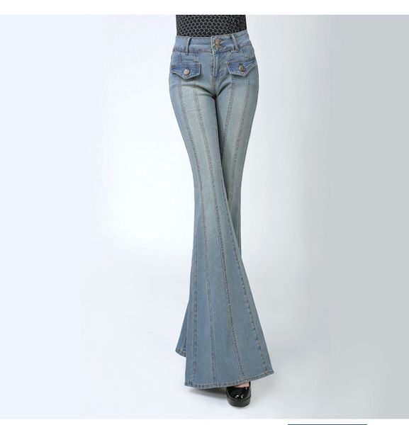 

fashion high waisted flare jean pants slim women office lady casual wide leg flared jeans stretch bleached denim pants, Blue