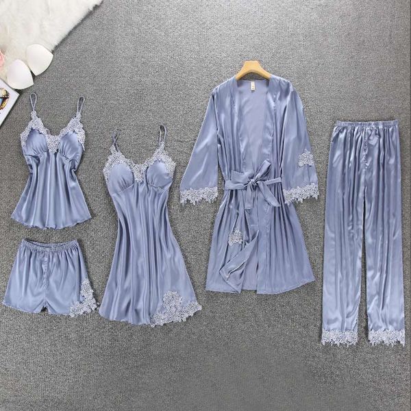 women's lace satin pajama 5 pieces sets female pad strap silk mini nightdress 2018 autumn fashion elegant lady homewear nightie, Blue;gray
women's lace satin pajama 5 pieces sets female pad strap silk mini nightdress 2018 autumn fashion elegant lady homewear nightie, Blue;gray