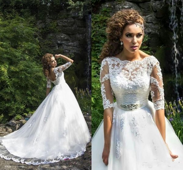amandabridal sheer neck wedding dresses 2021 backless half sleeves applique beads sash see through sweep train lace tulle bridal gowns, White
amandabridal sheer neck wedding dresses 2021 backless half sleeves applique beads sash see through sweep train lace tulle bridal gowns, White