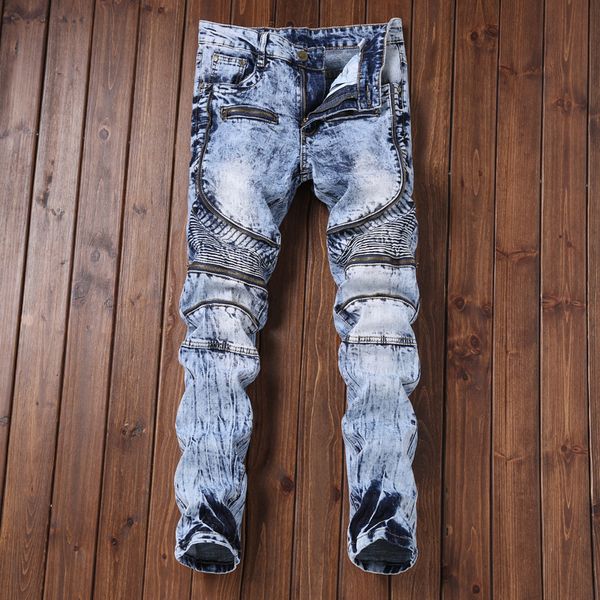 men's europe and the united states high street jeans slim trousers stretch zipper hole washed bleached men, Blue
men's europe and the united states high street jeans slim trousers stretch zipper hole washed bleached men, Blue