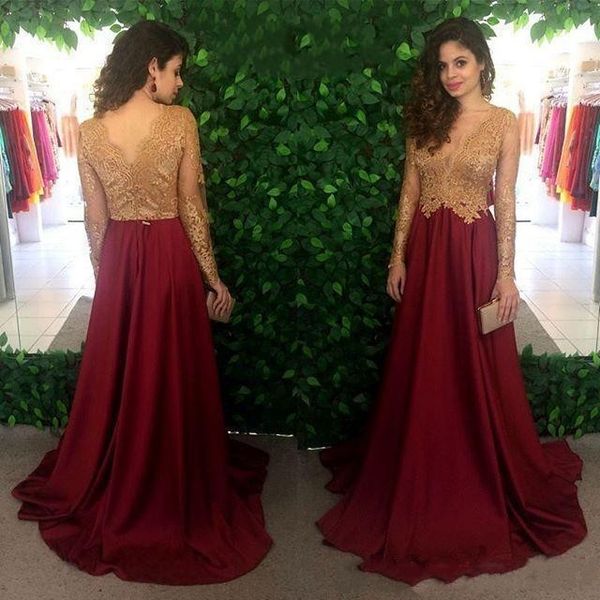 2019 gold lace vestidos de festa prom dress floor length satin formal evening gowns see though back long sleeves party prom gowns, Black;red
2019 gold lace vestidos de festa prom dress floor length satin formal evening gowns see though back long sleeves party prom gowns, Black;red