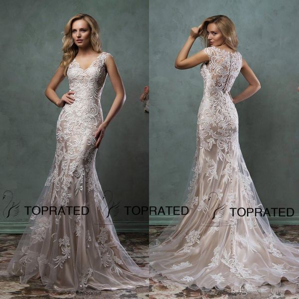 2019 Newest Ivory Nude Court Train Lace Wedding Dresses Mermaid Bridal Gown With Scoop Sheer Back Covered Button Amelia Sposa Custom Made