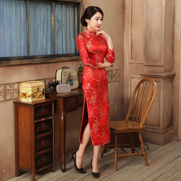 

red national style chinese traditional wedding dress women satin silk long sleeve cheongsam long qipao size s  l xl xxl lgd0405