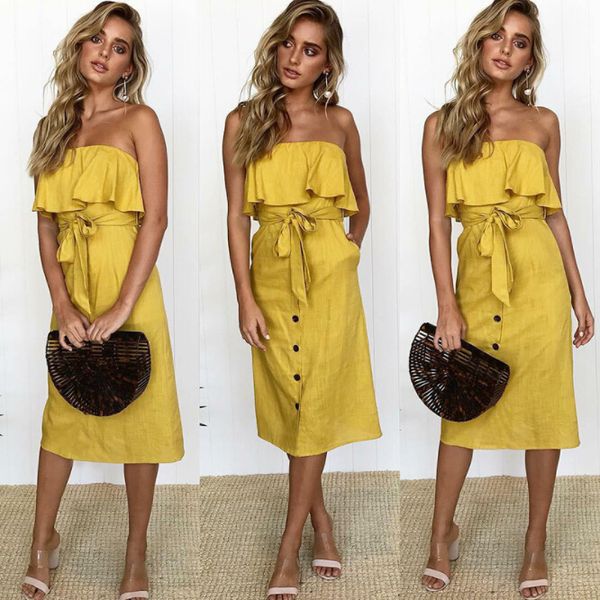 casual dresses women summer solid color midi female strapless backless dressess with sashes buttons ruffle, Black;gray
casual dresses women summer solid color midi female strapless backless dressess with sashes buttons ruffle, Black;gray