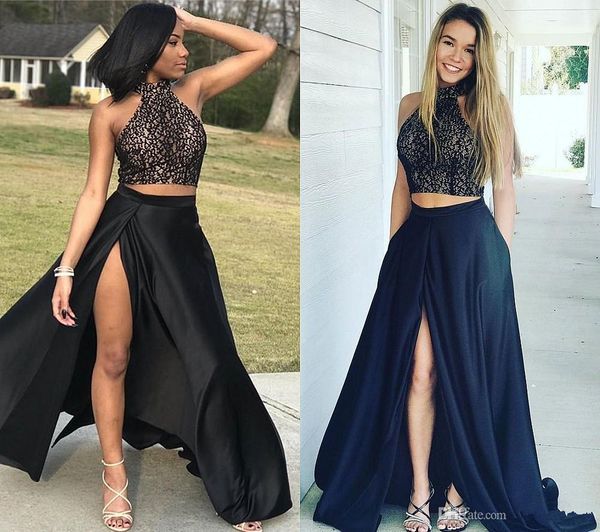 two pieces prom party dresses high neck sleeveless lace front split 2019 new design evening gowns custom size plus size, Black
two pieces prom party dresses high neck sleeveless lace front split 2019 new design evening gowns custom size plus size, Black