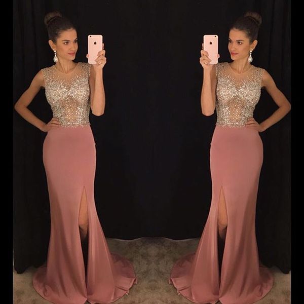 2018 пыльно-розовые кристаллы русалка выпускного вечера платья знаменитостей иллюзия без рукавов с разрезом длинные сексуальные вечерние пла, Black