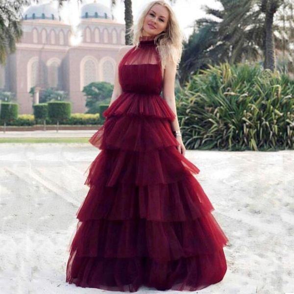 2019 gorgeous burgundy prom dresses sheer halter high neck sleeveless tiered skirt floor length tulle evening party gowns custom made, Black
2019 gorgeous burgundy prom dresses sheer halter high neck sleeveless tiered skirt floor length tulle evening party gowns custom made, Black