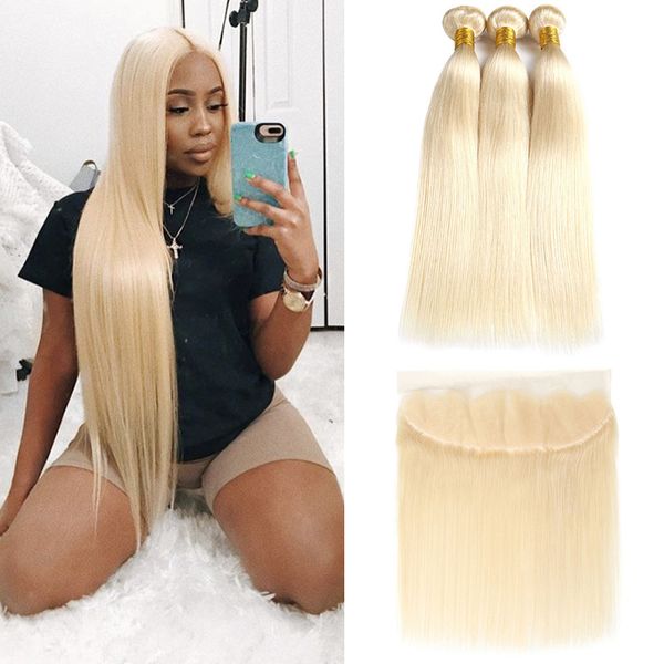 

full 613 blonde brazilian virgin hair 3 bundles with 13x4 lace frontal straight 100% human hair weave blonde bundles with frontal extension, Black;brown