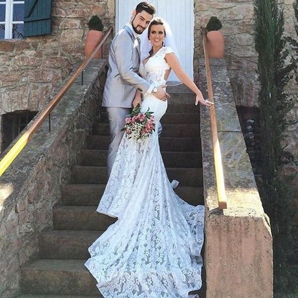 lace mermaid wedding dresses beach 2019 v-neck cap sleeve backless chapel train bridal dress wedding gowns custom made, White
lace mermaid wedding dresses beach 2019 v-neck cap sleeve backless chapel train bridal dress wedding gowns custom made, White