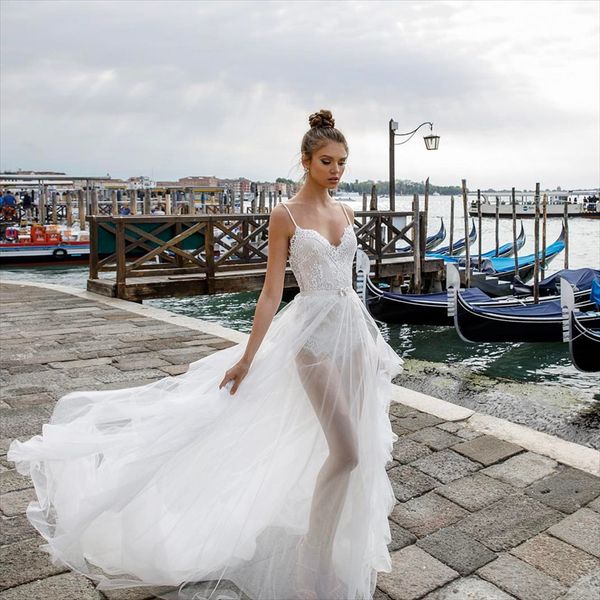 summer beach spaghetti wedding dress julie vino 2018 lace appliques illusion chiffon bridal gowns with detachable skirts, White
summer beach spaghetti wedding dress julie vino 2018 lace appliques illusion chiffon bridal gowns with detachable skirts, White