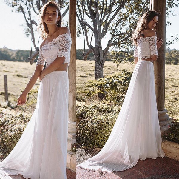 two pieces a line wedding dresses short sleeves off the shoulder illusion lace wedding dress custom made plus size bridal gowns, White
two pieces a line wedding dresses short sleeves off the shoulder illusion lace wedding dress custom made plus size bridal gowns, White