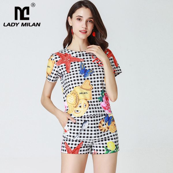 lady milan women's o neck short sleeves plaid printed t shirts with summer shorts fashion two piece pants sets, White
lady milan women's o neck short sleeves plaid printed t shirts with summer shorts fashion two piece pants sets, White