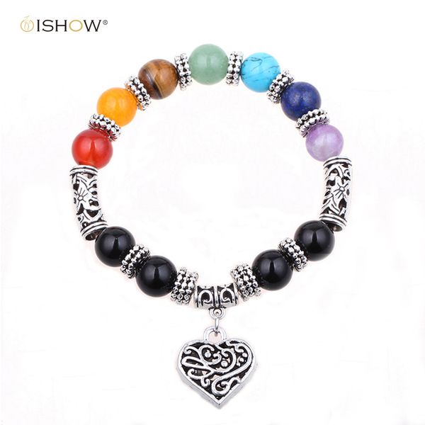 new heart pendant chakra bracelets for women man bracciale uomo tiger eye bracelet natural stone charm bracelet men hombre gift, Black