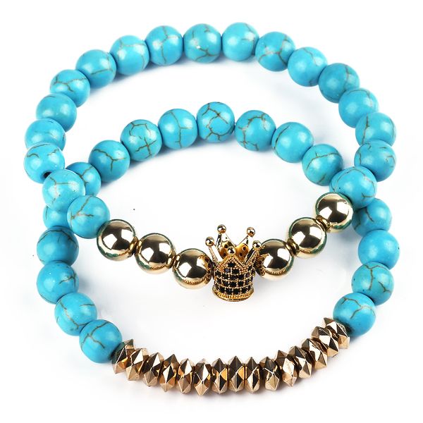 2 pcs/lot new design natural lava blue green stone beads bracelet bangle gold crown bracelet lava bead gift for lovers couple, Black
2 pcs/lot new design natural lava blue green stone beads bracelet bangle gold crown bracelet lava bead gift for lovers couple, Black